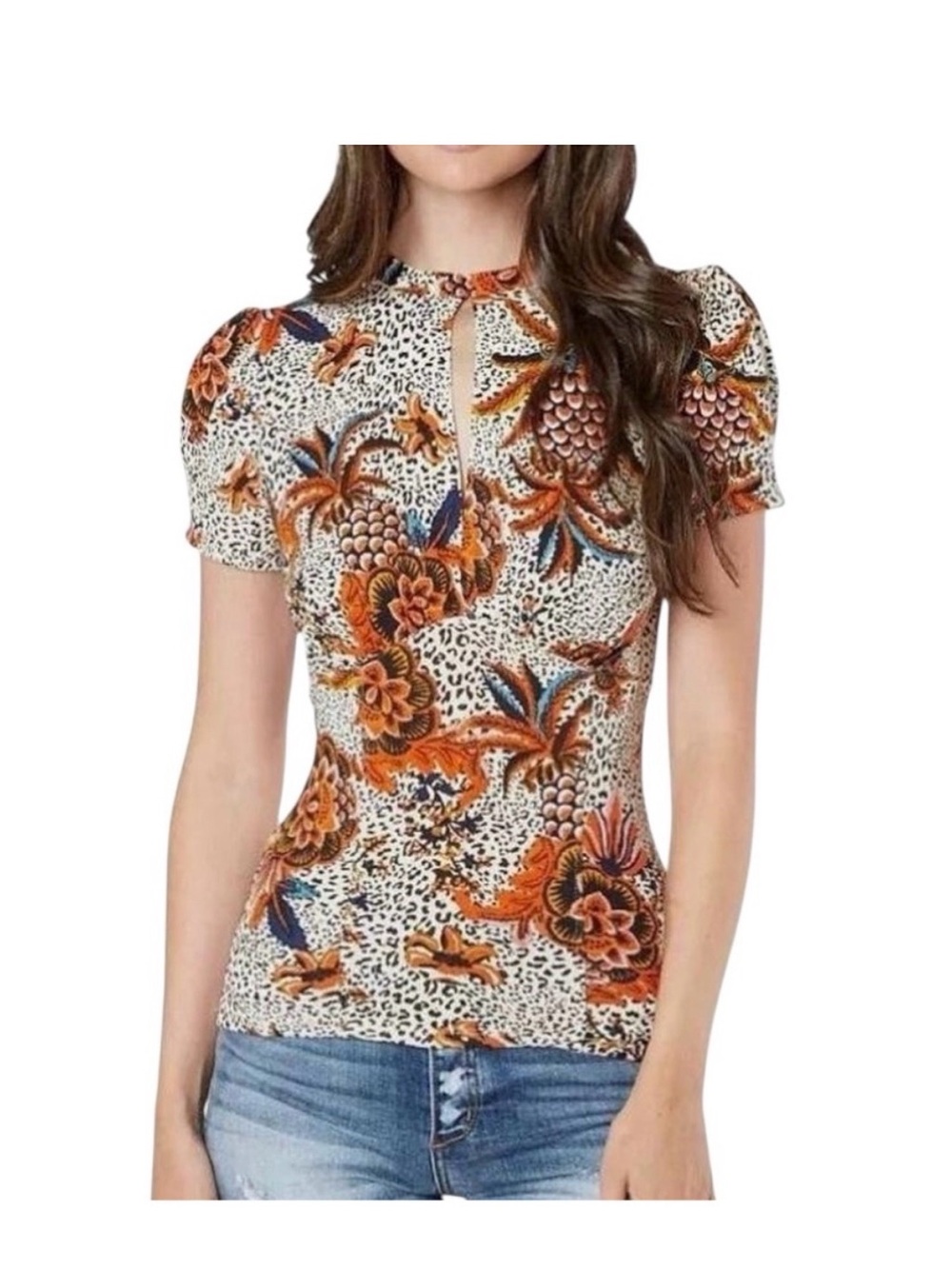 Free People Orange Floral Keyhole Puff-Sleeve Tee